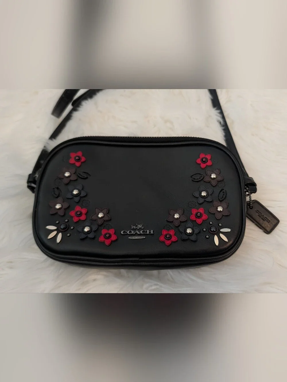 Coach Black Leather Floral Appliqué Small Crossbody